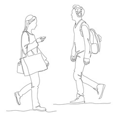 Man with backpack and headset and woman with shopping bag walking on city street. Woman using phone on the go. Continuous line drawing. Black and white vector in line art style.