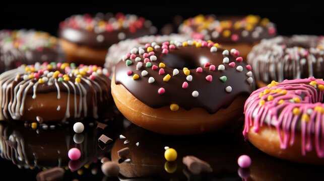 Chocolate donuts with colorful sprinkles on a black background.