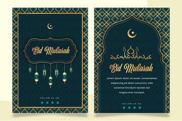 Modern style Ramadan Mubarak greeting cards design. Windows and arches with moon, mosque dome and lanterns