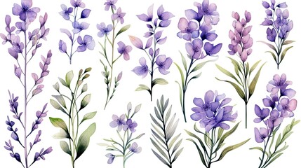 Delicate Lavender Watercolor Floral with Purple Petals and Green Stems