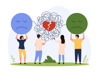 Mental health therapy, divorce conflict and separation in relationship support by psychologist. Tiny people holding sad emoji and tangled thread with red broken heart cartoon vector illustration