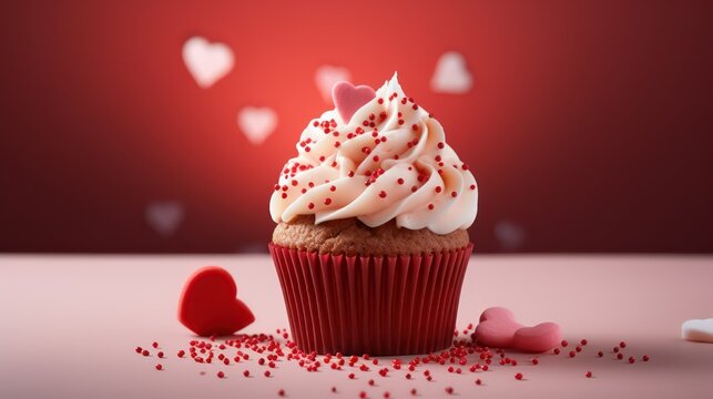Valentine cupcake with hearts on red background