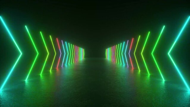 3D animation of neon lights creating a tunnel effect in a dark room with concrete floors and reflections. Multicolored flashing neon arrows showing direction. 4K Animation Loop Futuristic Sci Fi Lines