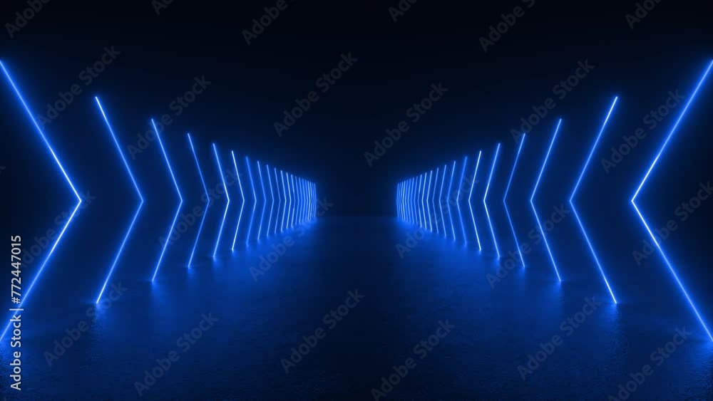 Poster a futuristic tunnel of blue neon lights glowing in a dark room, creating a mesmerizing visual experi