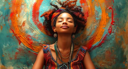  Afro Amcrican girl with closed eyes and a smile against a painted wall
