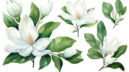 Watercolor Magnolia Flowers with White Petals and Lush Green Leaves - obrazy, fototapety, plakaty
