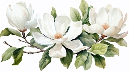 Exquisite Watercolor Magnolia Blossoms with Lush Green Foliage on Branches - obrazy, fototapety, plakaty