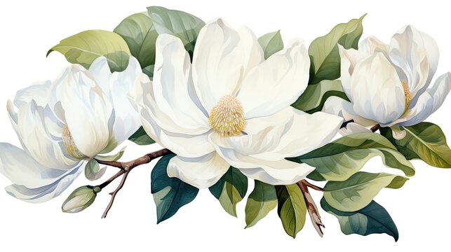 Elegant Watercolor Magnolia Blossoms with Lush Green Leaves Comprising a Serene Botanical Artwork