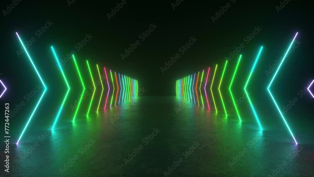 Poster a tunnel of neon lights glowing in a dark room, creating a futuristic and sci-fi atmosphere with ref
