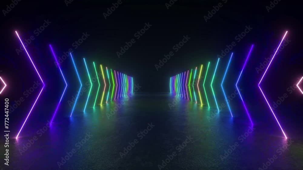 Poster a tunnel of neon lights shining brightly in a dark room, creating a mesmerizing visual effect with r