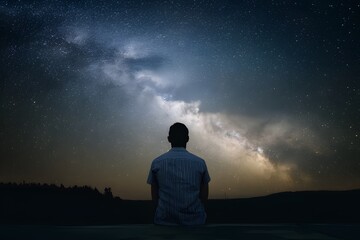 Knowledge and wisdom person gazes at starry sky, contemplating universe