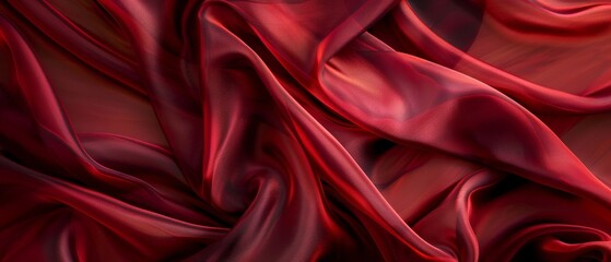 Luxurious burgundy satin fabric flows in soft waves and elegant folds, showcasing the rich texture and warm tones of the material. - obrazy, fototapety, plakaty