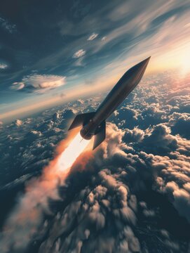 Scifi hypersonic missile piercing the sky above clouds, moody lighting, hyperrealistic detail