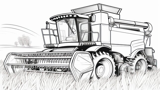 Harvest season coloring picture: Retro combine in a green barley field, outlined for artistic expression.