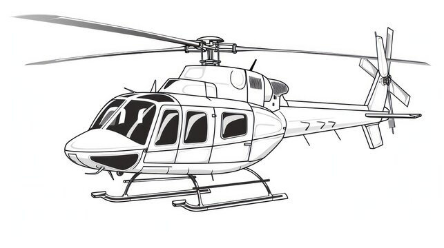 Hand-coloring contour drawing: Helicopter on a white background, an aerial illustration of modern aviation.