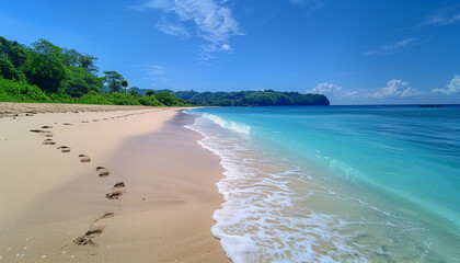 A beach with a clear blue ocean and a few footprints in the sand. AI.