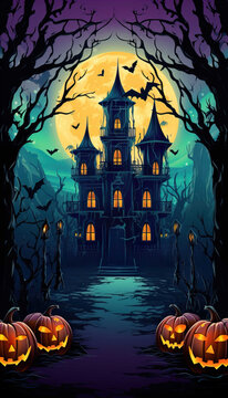 Invitation card for happy halloween party image castle , full frame decoration , dark   Generate AI