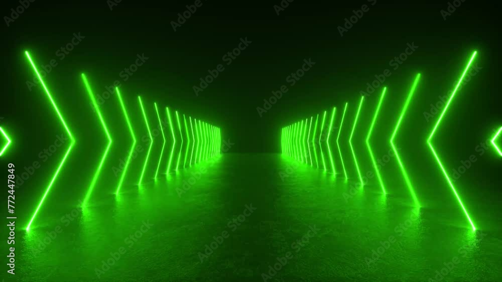 Poster explore a tunnel of vibrant green lights glowing in a dark room, creating a mesmerizing and futurist