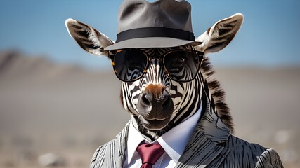 A zebra is posing for photos while sporting sunglasses and a hat. The zebra seems sophisticated and fashionable because it is wearing a suit and tie.