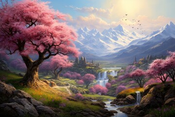 Spring landscape scenery. Travel forest. Generate Ai