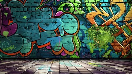 Graffiti Frame Background, Abstract colorful fragment of graffiti paintings on old brick wall in    colors. Street art composition with parts of unwritten letters and multicolored stains. - obrazy, fototapety, plakaty