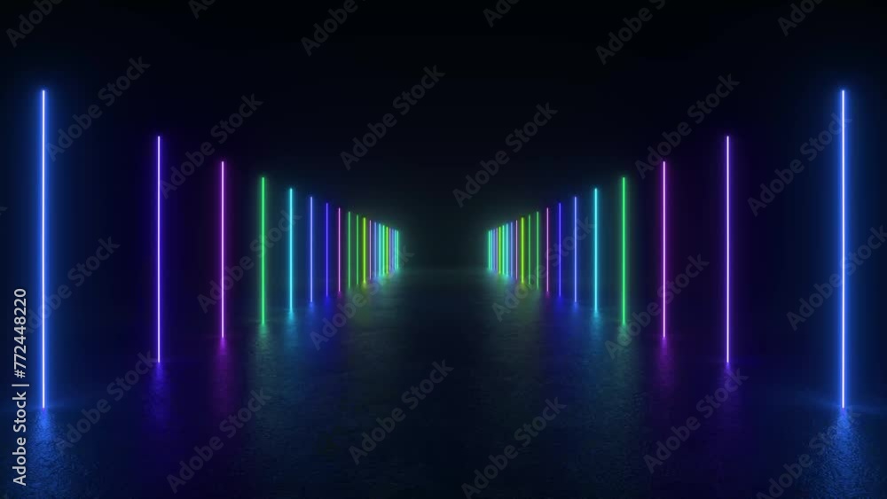 Poster a tunnel of neon lights glowing in a dark room, creating a futuristic and mesmerizing visual experie