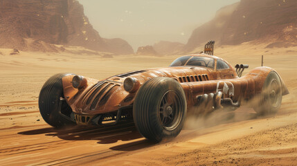 Vintage vehicle race on space planet like Mars, futuristic old rovers drive on desert, fantastic movie scene with retro sports car. Concept of dystopia, steampunk and future