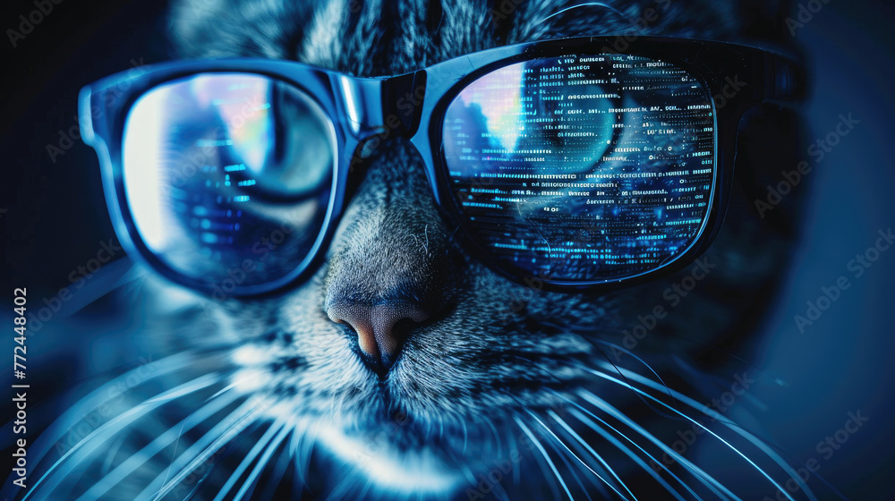Poster hacker cat works at computer in dark room, digital code reflected in glasses. concept of spy, ransom