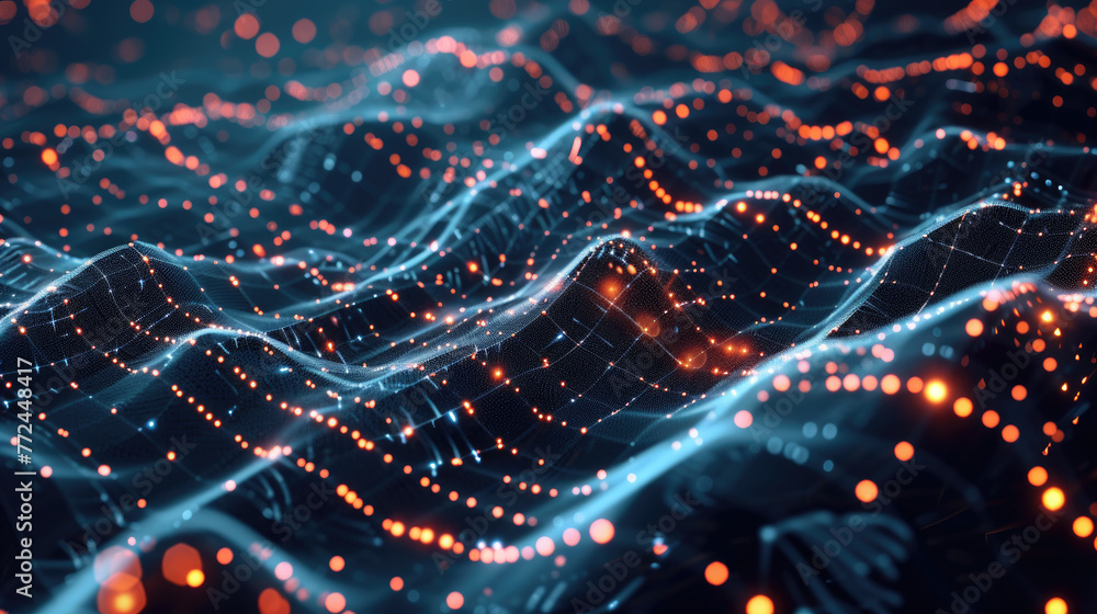 Poster cyber data in digital space, blue network surface abstract background. dots, lights and lines of sec