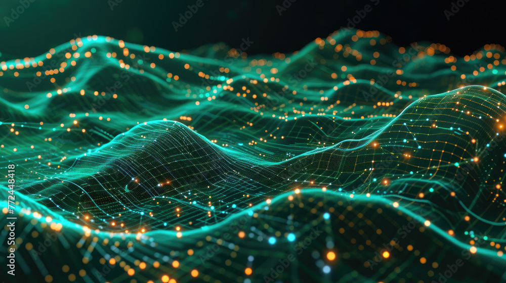 Poster cyber data in digital space, green network surface abstract background. dots, lights and lines of se