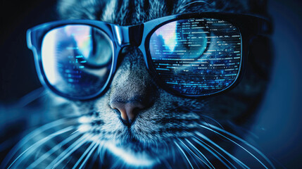 Hacker cat works at computer in dark room, digital code reflected in glasses. Concept of spy, ransomware, technology, hack, funny animal, cyber security, scam, crime
