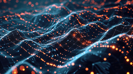 Cyber data in digital space, blue network surface abstract background. Dots, lights and lines of secure technology in dark neon cyberspace. Concept of texture, future, tech plexus - obrazy, fototapety, plakaty