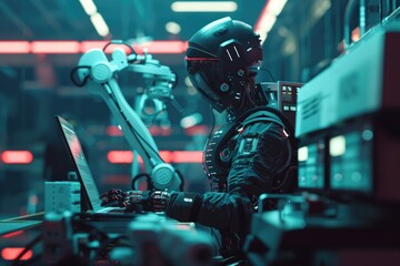 Engineer programming a scifi robotic arm with a laptop, in a hyperrealistic moody factory , 3D illustration