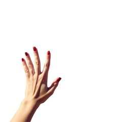 A womans hand with magenta nails gesturing in the air at an event on transparent