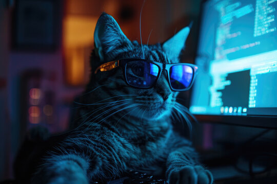 Hacker cat works at computer in dark room, digital data reflected in glasses. Concept of spy, technology, hack, funny animal, cyber security, scam, crime and virus