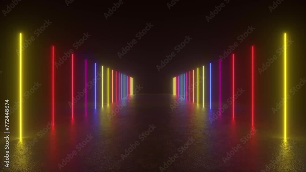 Poster a tunnel of neon lights glowing in a dark room, creating a mesmerizing visual effect with reflection