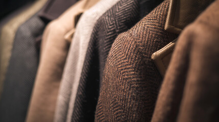 Women's jackets close-up in brown color, hanging on a hanger