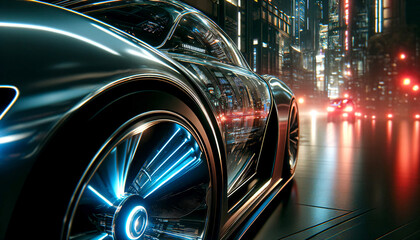 Extreme close-up of ultra-futuristic car capturing the detailed textures and advanced design elements against a neon-lit night-time metropolis landscape background.