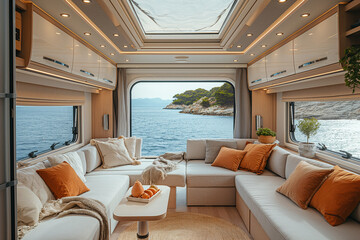 Luxurious Yacht Interior with Ocean View, Plush Seating, and Modern Design - 772448808