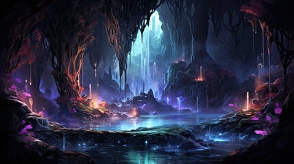Enchanting Crystalline Cavern Entrance Illuminated in Radiant Fantasy Colors - obrazy, fototapety, plakaty