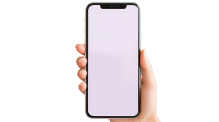 A hand is using a mobile device with a white screen, a portable communications device for telephony. The thumb is interacting with the gadget through gestures on transparent