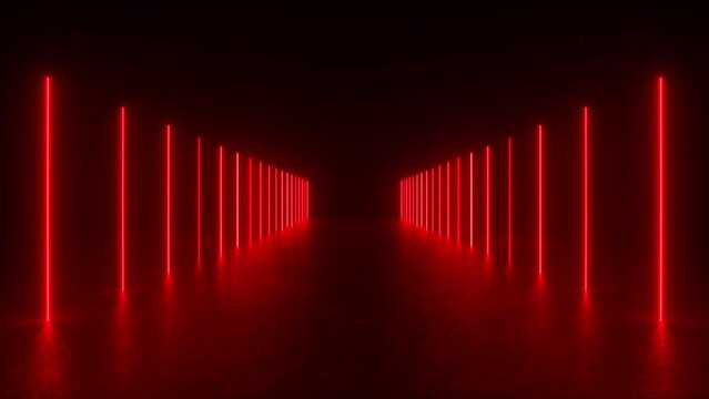 A dark hallway illuminated by red neon lights creating a futuristic and eerie atmosphere.