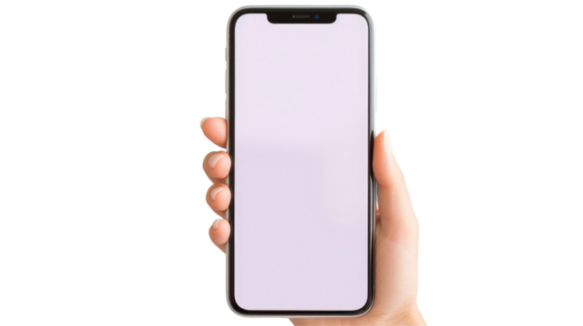 A hand is using a mobile device with a white screen, a portable communications device for telephony. The thumb is interacting with the gadget through gestures on transparent