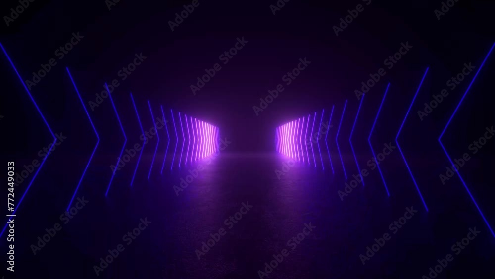 Poster a futuristic dark tunnel with neon glow shapes, leading towards a purple light at the end. 4k 3d ani