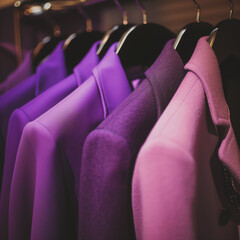 Women's jackets close-up in lilac color, hanging on a hanger