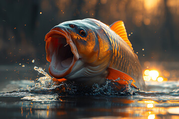 Gleaming Carp Leaping at Dusk - A Stunning Spectacle of Nature's Beauty - 772449062