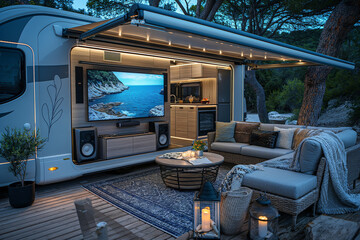 Luxurious Modern RV Parked in Serene Nature Spot by Ocean Under Starry Night - obrazy, fototapety, plakaty