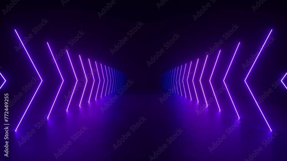 Poster explore a dark tunnel with neon purple light glowing at the end, featuring futuristic sci-fi lines a