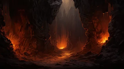 Poster Dramatic and Atmospheric Campfire Lit Cave Entrance Enveloped in Shadows and Smoke © Sittichok