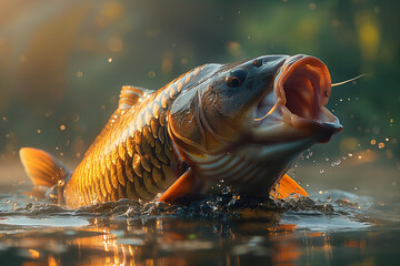 Impressive Close-up of a Carp Emerging from Water at Golden Hour - 772449239